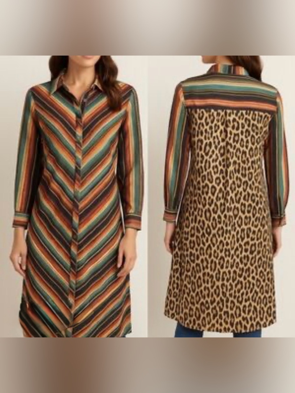 Fashion Express USA Multicolor Chevron & Leopard-Back Long Sleeve Shirt Dress